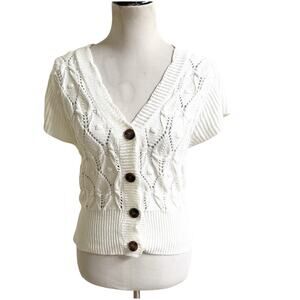 Rye Grass Cropped Cardigan Crochet Cable Knit Sweater Size Medium White V-Neck